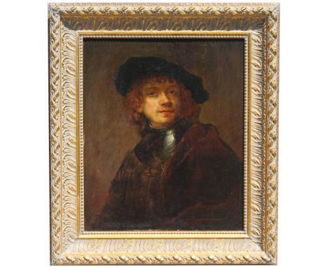 After Rembrandt, Portrait of a Man. Oil on  Panel, bears a collector's red wax seal on  verso.  Sight Size: 25 x 21 in. Overa
