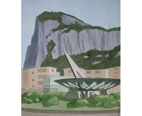 Erik Nitsche (Swiss, 1908 - 1998) "Sun Dial and Rock of Gibraltar" Signed lower right. Original Mixed Media/Watercolor on Ill