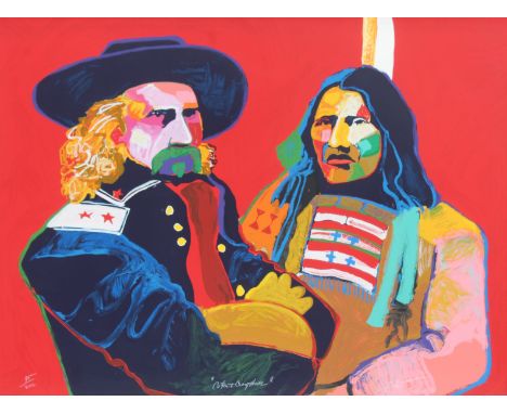 Malcom Furlow (B. 1946) "Custer &amp; Crazy Horse" Colored lithograph. Signed lower right, titled lower center and numbered (