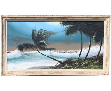Alfred Hair (1941-1971) Monumental Florida Highwayman seascape painting. Depicting a moonlit coastal scene with waves crashin