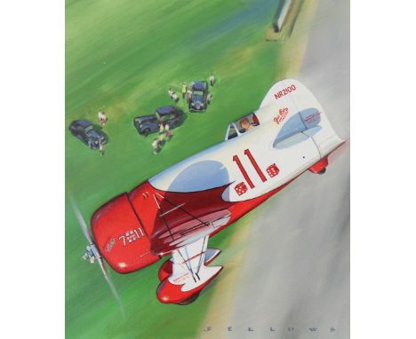 Jack Fellows (American, B. 1941) "Granville Brothers Gee Bee Airplane" Signed lower right. Original Oil painting on Masonite.