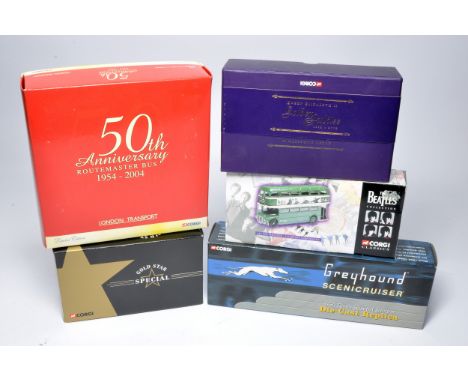 Corgi diecast model bus issues comprising five mostly limited edition 1/50 series issues as shown. With original boxes. 
