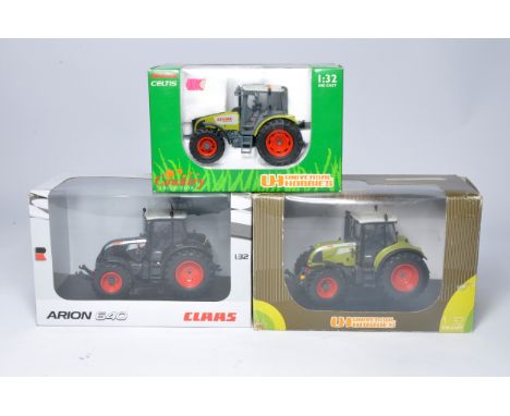 Universal Hobbies 1/32 trio of farm model issues comprising Claas Tractors including Rickerby Show 2011 Edition. Look to have
