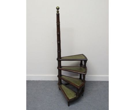 A 'Bevan Funnell' George III revival mahogany library steps the brass handle finial on a turned stand and tooled leather inse