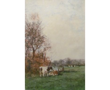 JAN VROLYK (1845-1894): A watercolour depicting grazing cows in a field with gate, signed lower right, 55cm x 38cm