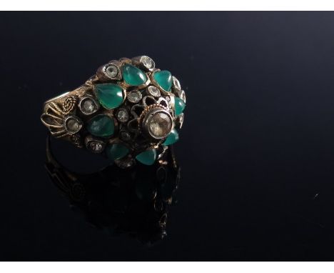 A dress ring set with white sapphire and cabochon chrysoprase shank stamped 14k     