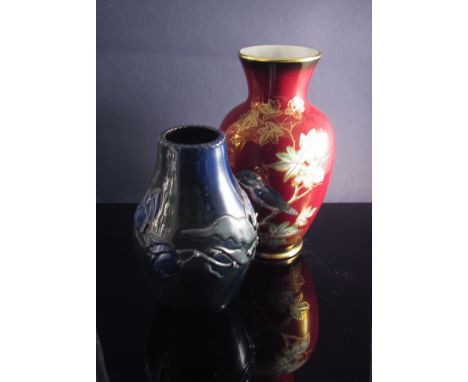 An Elton Ware vase with high relief floral detail and a Crown Devon red lustre vase decorated with kingfisher, 18.5cm tall (2