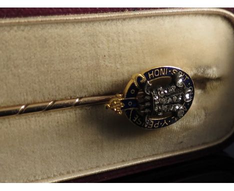 A 19th Century Prince of Wales feathers diamond and enamel stick pin, Percy Edwards & Co, case