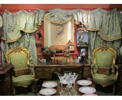 Two pairs of extensive green and gilt lined curtains with Egyptian motifs, together with tasselled pelmet: first pair: 6ft wi