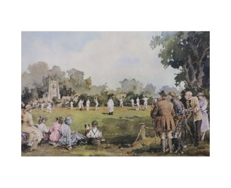 E R Sturgeon (20th century): pencil signed print, cricket scene, 36 x 68 cm. Not available for in-house P&amp;P