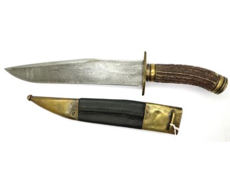 Rare 1865 dated Dahlgren Bowie knife, with antler grip and brass mounted leather scabbard. P&amp;P Group 2 (£18+VAT for the f