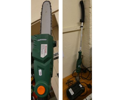 An Eckman extendable cordless chainsaw, together with a weed burner, both as new
