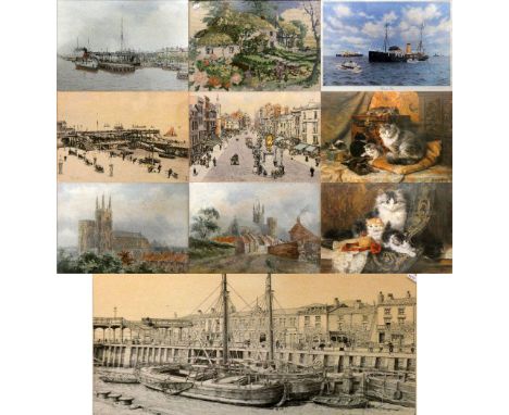 R. Carmichael limited edition print of pilot boat titled relieving day, together with a pair a gilt framed watercolours of ch