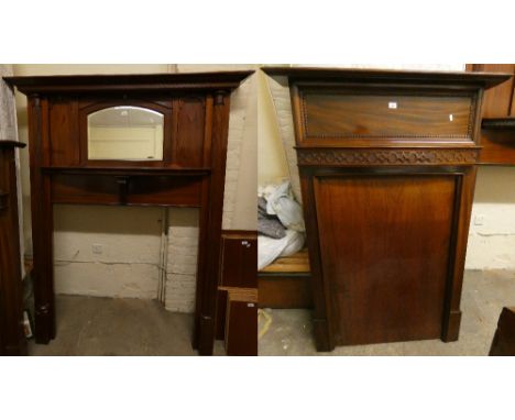 An Edwardian mahogany fire surround, the central bevel edged mirror flanked by two columns and central shelf, 191 cm tall, 15
