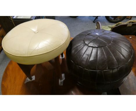 A 1970's footstool with teak base and cream leather top, together with a pouffe (2)