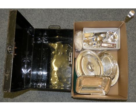Two electroplated entree dishes, other plated wares and a metal trunk.
