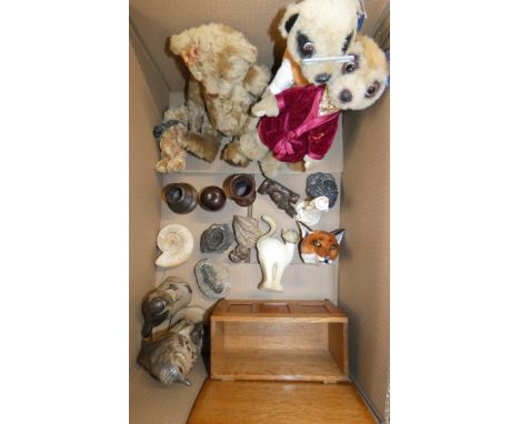 Miscellaneous including a distressed mohair bear by Amanda Hugh, two meerkat bears, Yakov and Aleksander fossils, Poole birds