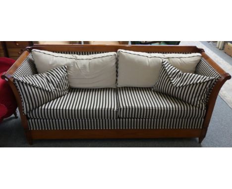 A mahogany framed sofa, in black and white striped fabric with contrasting back cushions, 205 cm wide, 72 cm deep