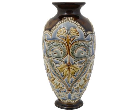 Eliza Simmance (1857-1935) A Doulton Lambeth stoneware vaseof ovoid form, decorated with Art Nouveau incised scrolling foliag