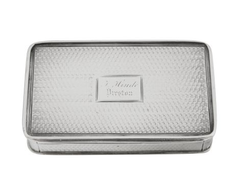 A William IV silver snuff boxLondon, 1831, Nathaniel Mills, of rectangular from with engine turned decoration and raised bord