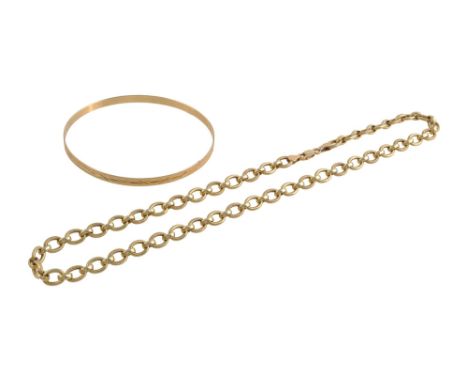A fancy link chain stamped to clasp "Italy 14k", together with a bangle, with a chased abstract design (2)total approx weight
