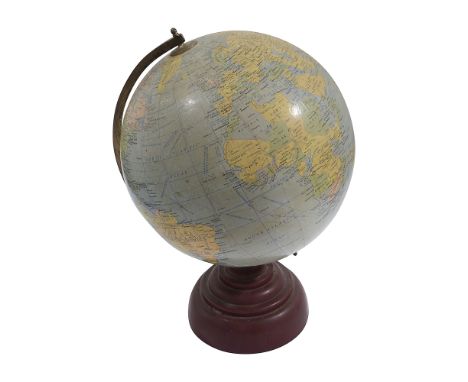 An 11" terrestrial globe. The Paramount by Geographia of Fleet Street c.1950gilt brass horizon ring, on a red stepped bakelit