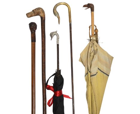 Five late Victorian / Edwardian novelty walking sticks and parasolscomprising a hazel walking stick the terminal carved in th