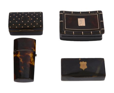 Three early 19th century tortoiseshell snuff boxes and a blonde tortoiseshell scent bottle holderfirst of curved rectangular 