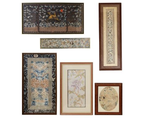 Six Chinese embroidered silk panels19th / early 20th centurycomprising three panels mounted together embroidered in coloured 
