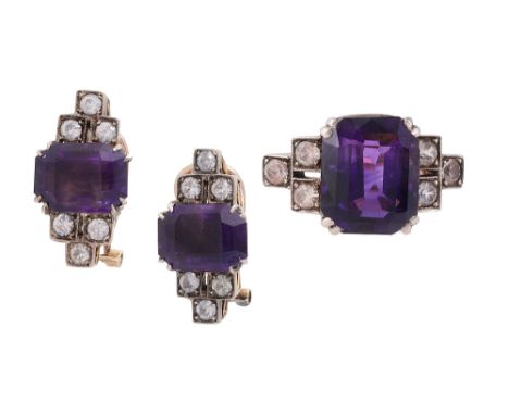 A continental amethyst and white stone ring and a pair of ear clips en suiteeach centrally-set with a rectangular step-cut co