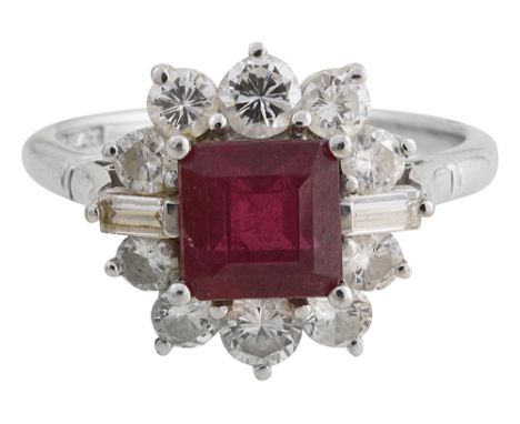 A ruby and diamond-set cluster ringthe square step-cut ruby measuring 6.4 x 6.4 x 4.9mm to the surround of ten brilliant-cut 