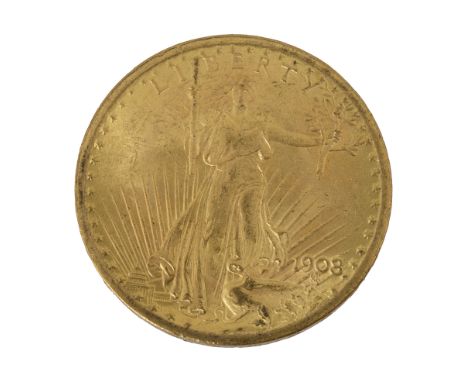 An American 1908 $20 dollar double eagle Saint Gaudens gold coin Philadelphia mintdiameter approx 35mm., approx weight 33.5gC