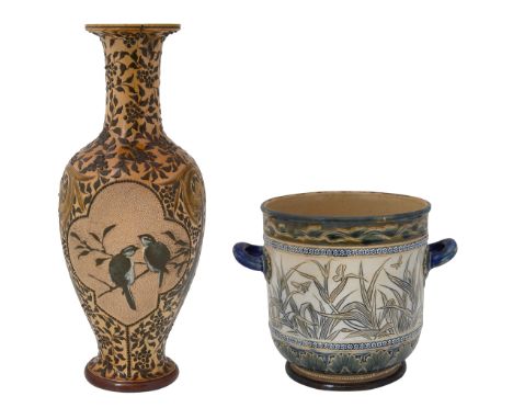 A Doulton Lambeth stoneware vase and a jardiniere by Florence Barlow first of shouldered inverse baluster form, decorated wit