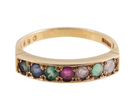 A 9ct gold acrostic ring channel set diamond, emerald, amethyst, ruby and sapphire, spelling "DEAREST", stamped with Birmingh