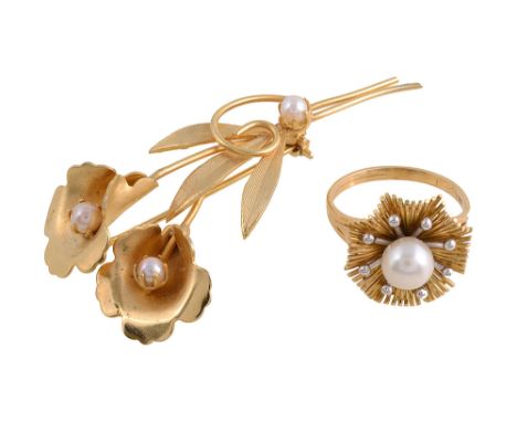 A cultured pearl floral ring stamped "18K" together with a floral bar brooch, set with three cultured pearls (2)ring size R, 