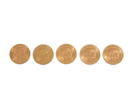 France. Third Republic, Five gold 20 Francs, 1911Paris Mint mark, Marianne facing right, rev cockerel (5)each diameter 21mm.,
