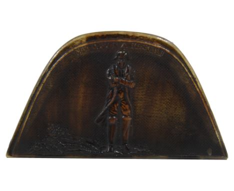 An early 19th century French horn snuff box in the from of Napoleon's bicorn hat, with an inlaid bone cockade, the hinged fro