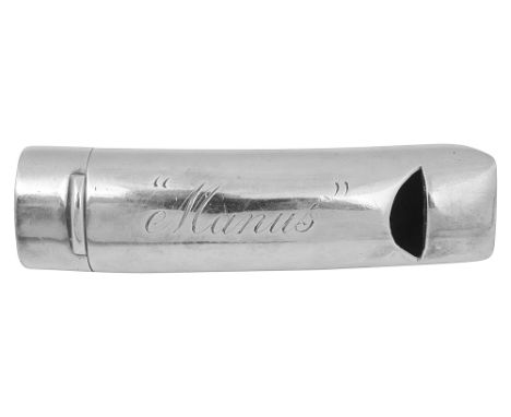 A late Victorian silver novelty whistle vesta caseBirmingham, 1896, A &amp; j Zimmerman Ltdof plain curbed form with hinged c