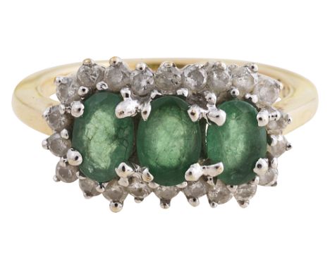 An emerald and diamond-set cluster ringthe three oval cut emeralds  within a surround of brilliant-cut diamonds to the 9ct go