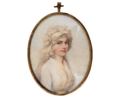 Follower of Richard Cosway (1742-1821)Portrait of Fanny Walker wearing a white dress, her hair curled and powdered tied with 