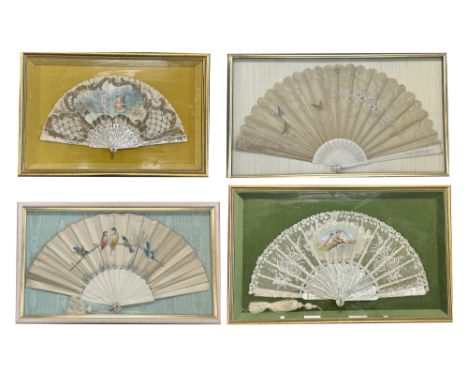 Four late 19th / early 20th century fans comprising a fan with floral engraved mother of pearl sticks and pierced guard, the 