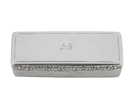 A William IV silver snuff boxBirmingham, 1833, makers mark TS probably Thomas Shaw rectangular form, engine turned hinged lid