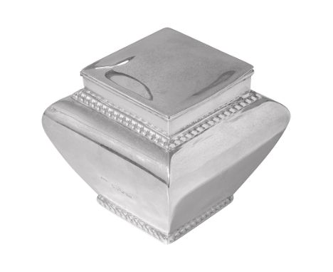 A late Victorian silver tea caddyLondon, 1898, Charles Boytonof square shouldered form with gadrooned border and hinged cover