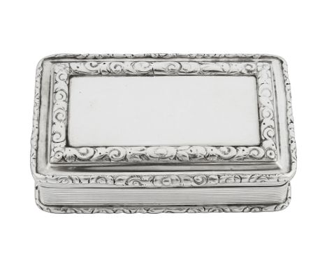 An early Victorian silver snuff boxBirmingham, 1841, Nathaniel Millsrectangular form with hinged lid, foliate scroll borders 