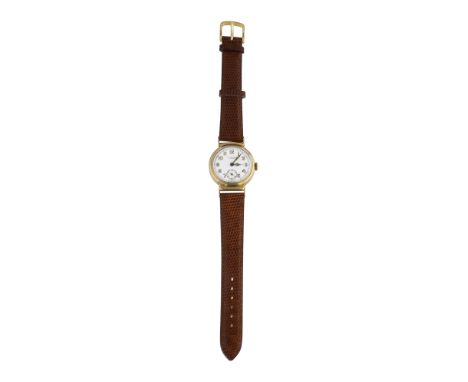 A gentleman's J. W. Benson 9ct gold Trench wristwatchcircular white enamel dial with luminous Arabic numerals, minute track, 