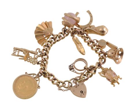 9ct gold curb-link charm braceletsuspending various charms including: George V full sovereign, dated 1911, with George slayin