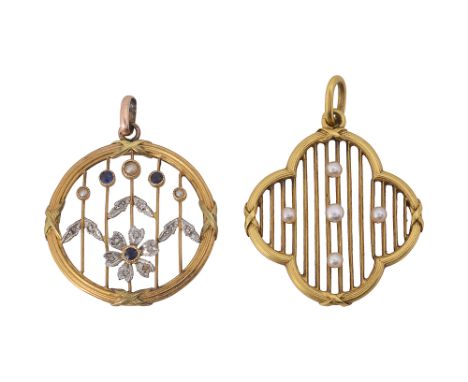 Two Belle Epoque pendantsthe first, circular pendant, set with colourless and blue gems and half pearls in a floral and folia