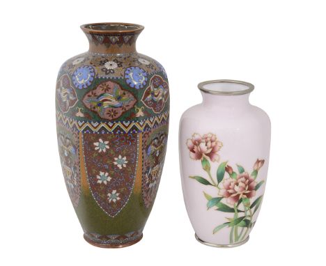 A Japanese Meiji period cloisonne vase and anotherfirst of hexagonal tapering form, decorated with a band of shaped phoenix r