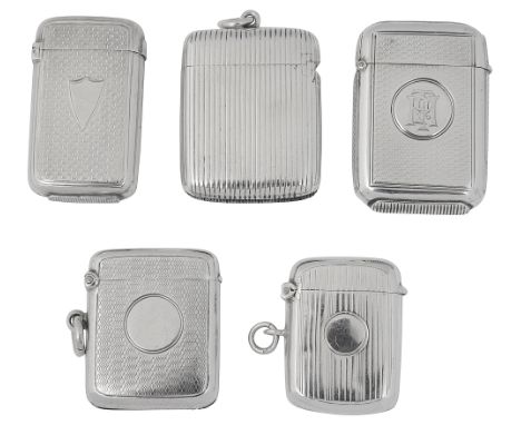 Five Victorian and later silver vesta casesvarious dates, makerscomprising an oblong vesta with engine turned decoration and 