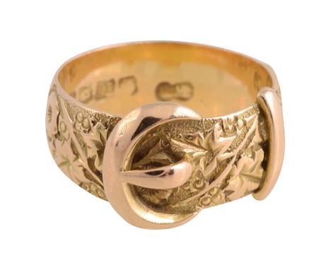 A Victorian style buckle ring chased with foliate design to band, stamped with hallmarkstotal approx weight 5.6g, ring size K